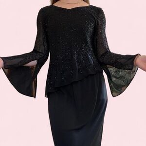 Vintage Black Beaded Bell Sleeve Evening Top